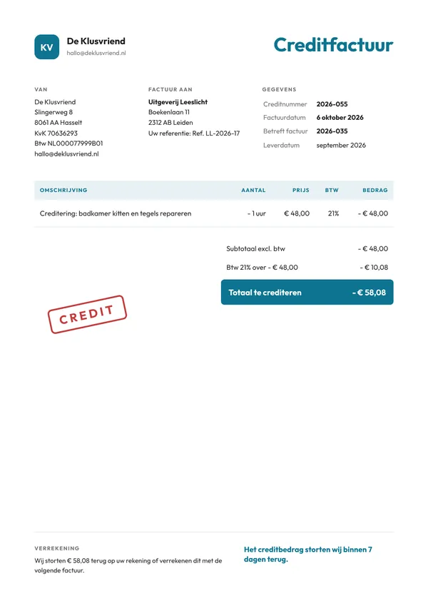 Voorbeeld creditfactuur van een klusbedrijf met negatieve bedragen en een verwijzing naar het oorspronkelijke factuurnummer