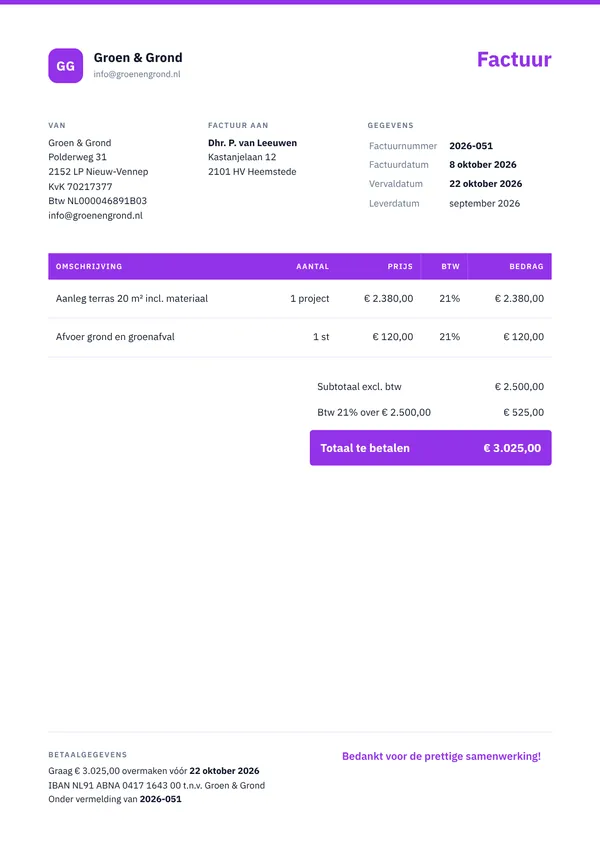 Voorbeeld factuur van een hovenier aan een particuliere klant, met bedragen exclusief en inclusief 21% btw
