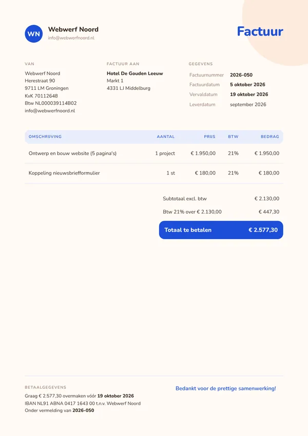 Voorbeeld factuur van een webdesigner voor een project met vaste prijs, inclusief 21% btw, factuurnummer en betaalgegevens